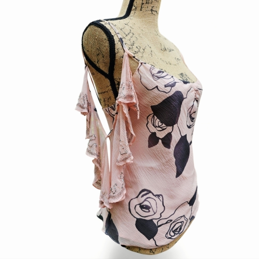 Rebecca Taylor Pink Silk Cold Shoulder Ruffled Top, Size 4 - Picture 5 of 8